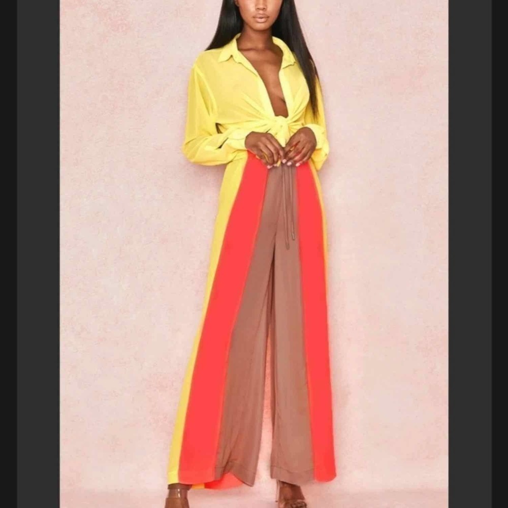 House of CB Margot Wide Leg Pants Size XS Yellow And Neon Coral